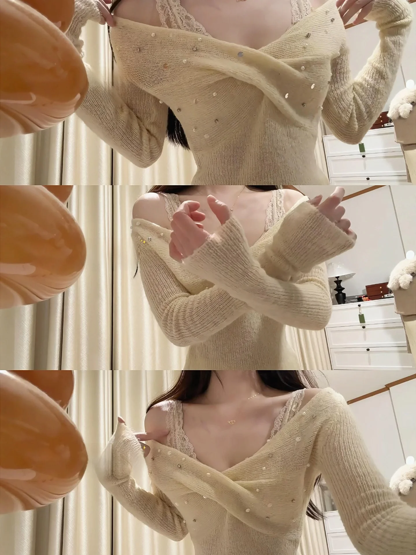 

iny Sequin Knitted Sweater Women's V-Ne Long Sve Knot Design Soft French Sle Faion Top for Younger Look Autumn Wear