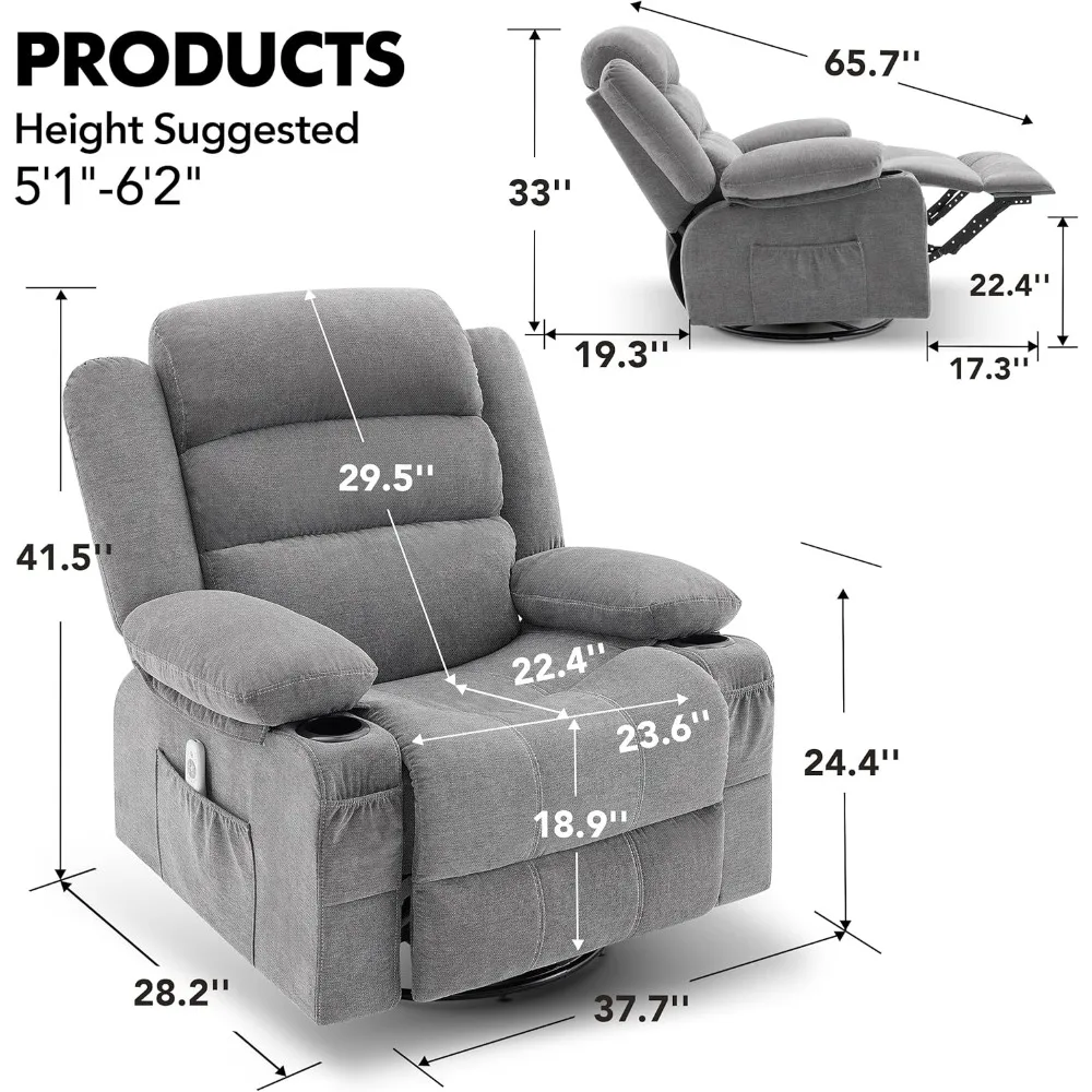 360° Swivel Recliner Chairs for Adults, Oversized Recliner Single Sofa Seat with Cup Holders, Lazy Boy Recliner Single Sofa Seat