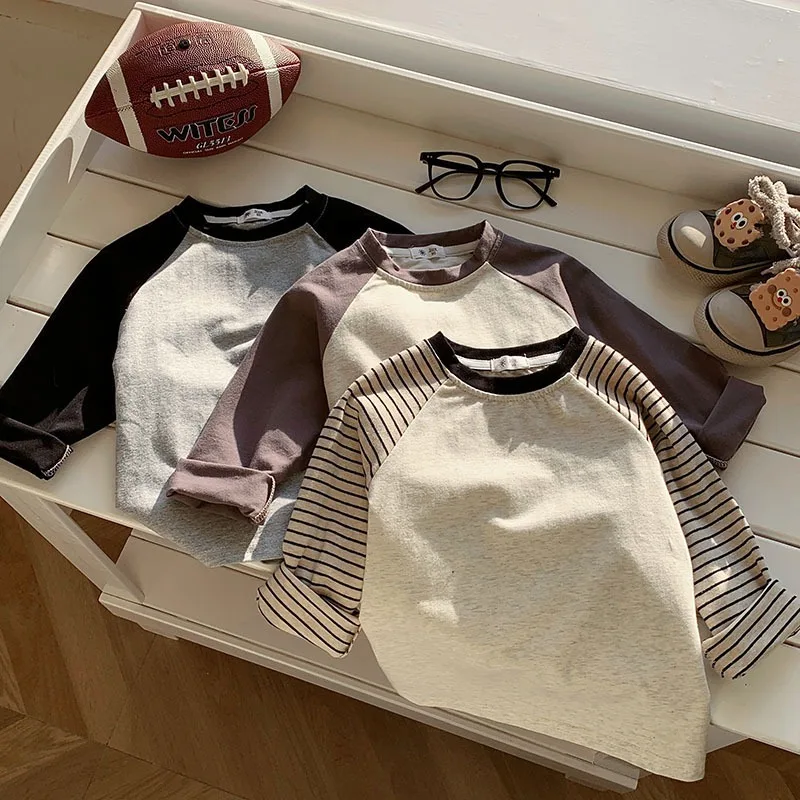 Boys Girls T-shirt 2025 Autumn Spring Korean Strle Fashion Trendy Casual Daily Patchwork Soft Long Sleeve Base Layer Top
