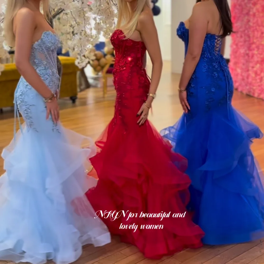 NFYN Multilayers Prom Dress Mermaid Party Dress Lace Evening Gowns Applique Princess Gowns for Arabic Women vestidos Customized