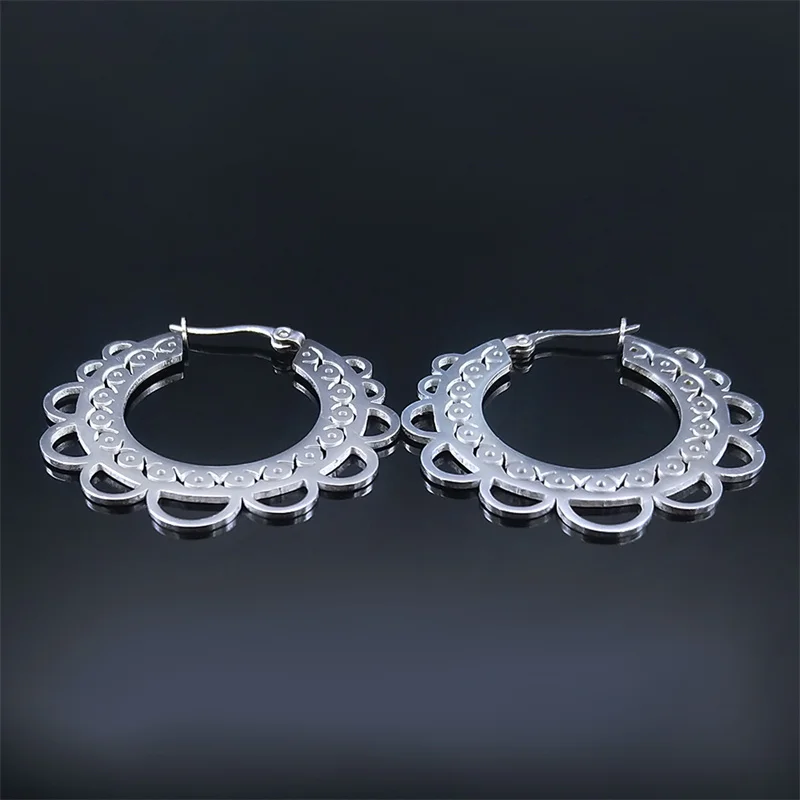 Bohemia India Stainless Steel Hoop Earrings Women Silver Color Big Flower Hoop Earrings Jewelry boucle d'oreille ronde E9444S06