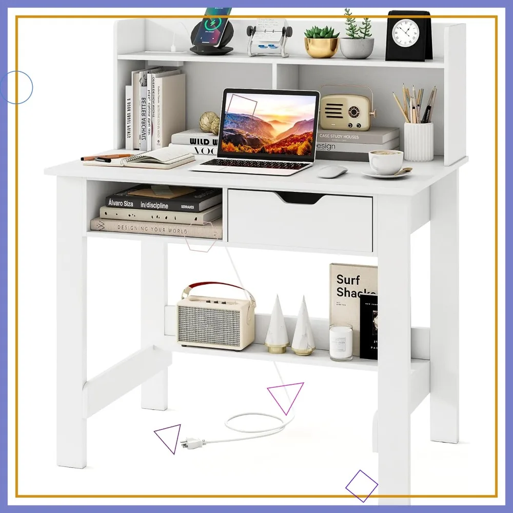 

Modern Computer Desk with Charging Station, USB & Type-C Ports, Storage Shelves & Drawer for Home Office Study