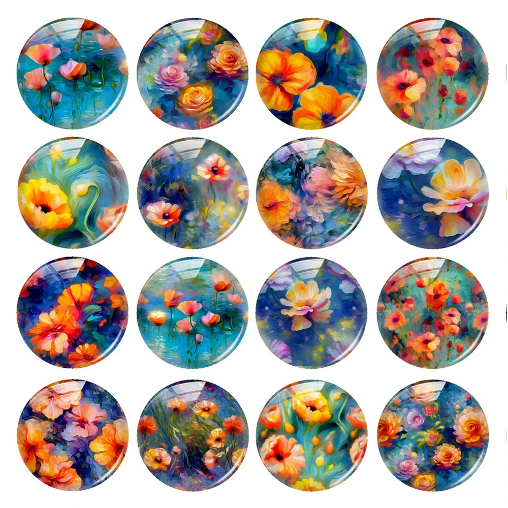 

Handmade Watercolor Flower Oil Painting Photo Glass Cabochon Charms Demo Flat Back Cameo For Diy Jewelry Making Accessories