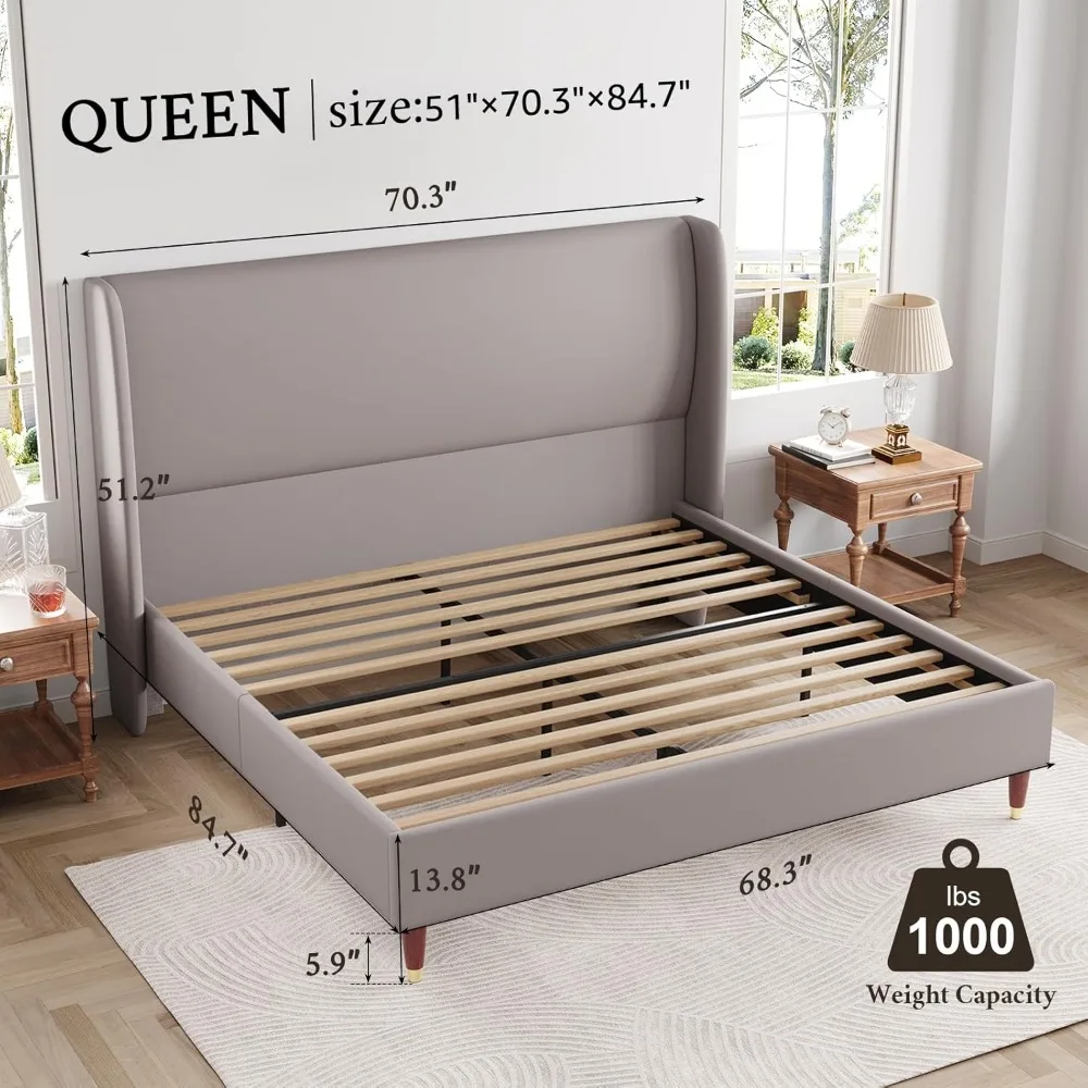 Groot bedframe gestoffeerd bed 51,2" hoog platformbed met achterhoofdeinde/geen boxspring nodig/eenvoudige montage/lichtgrijs