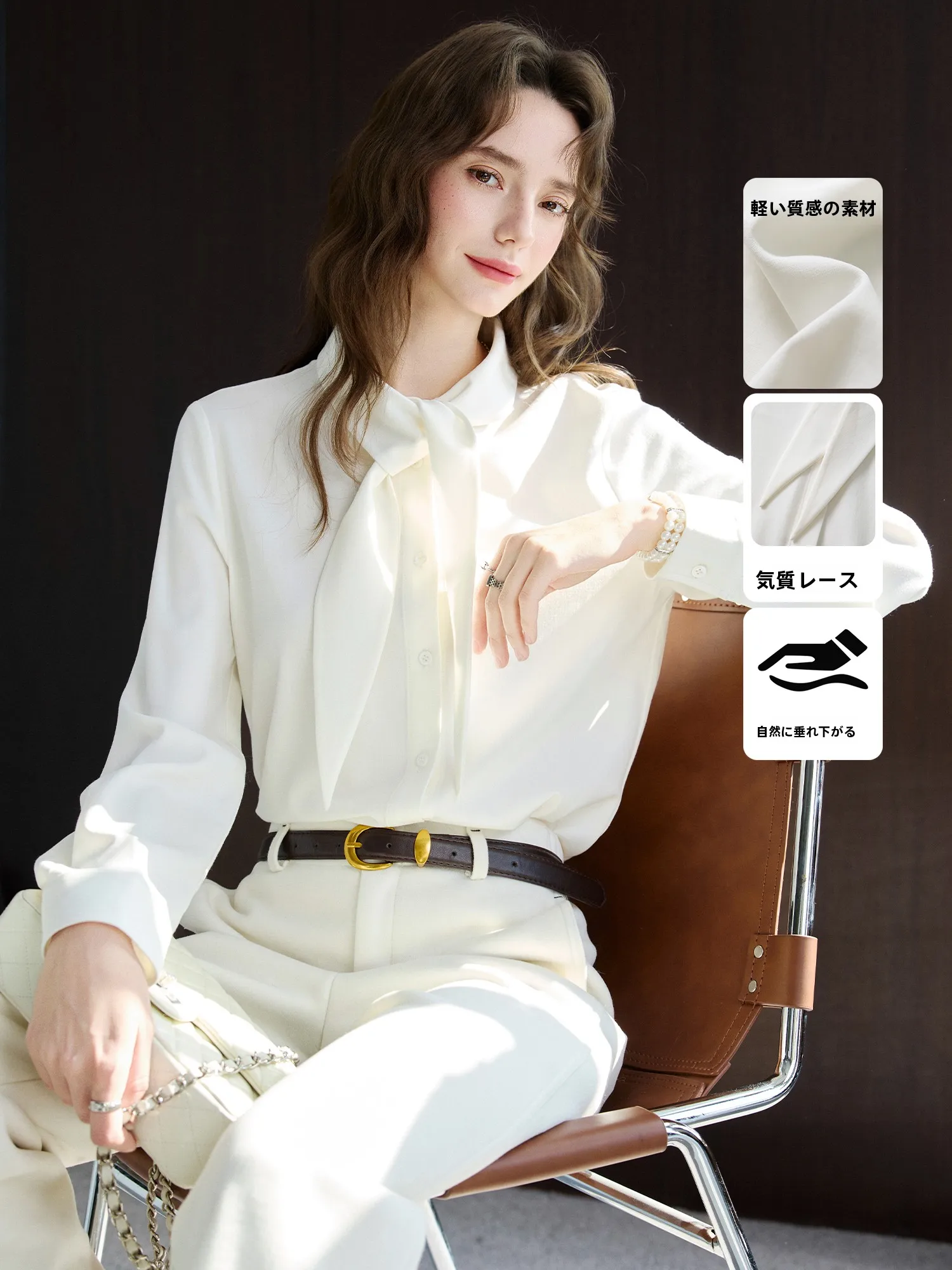 

Elegant White Long Sleeve Shirt Women's Chiffon Gown with Bow Tie French Style Loose Fit Breathable Spring Commute Wear