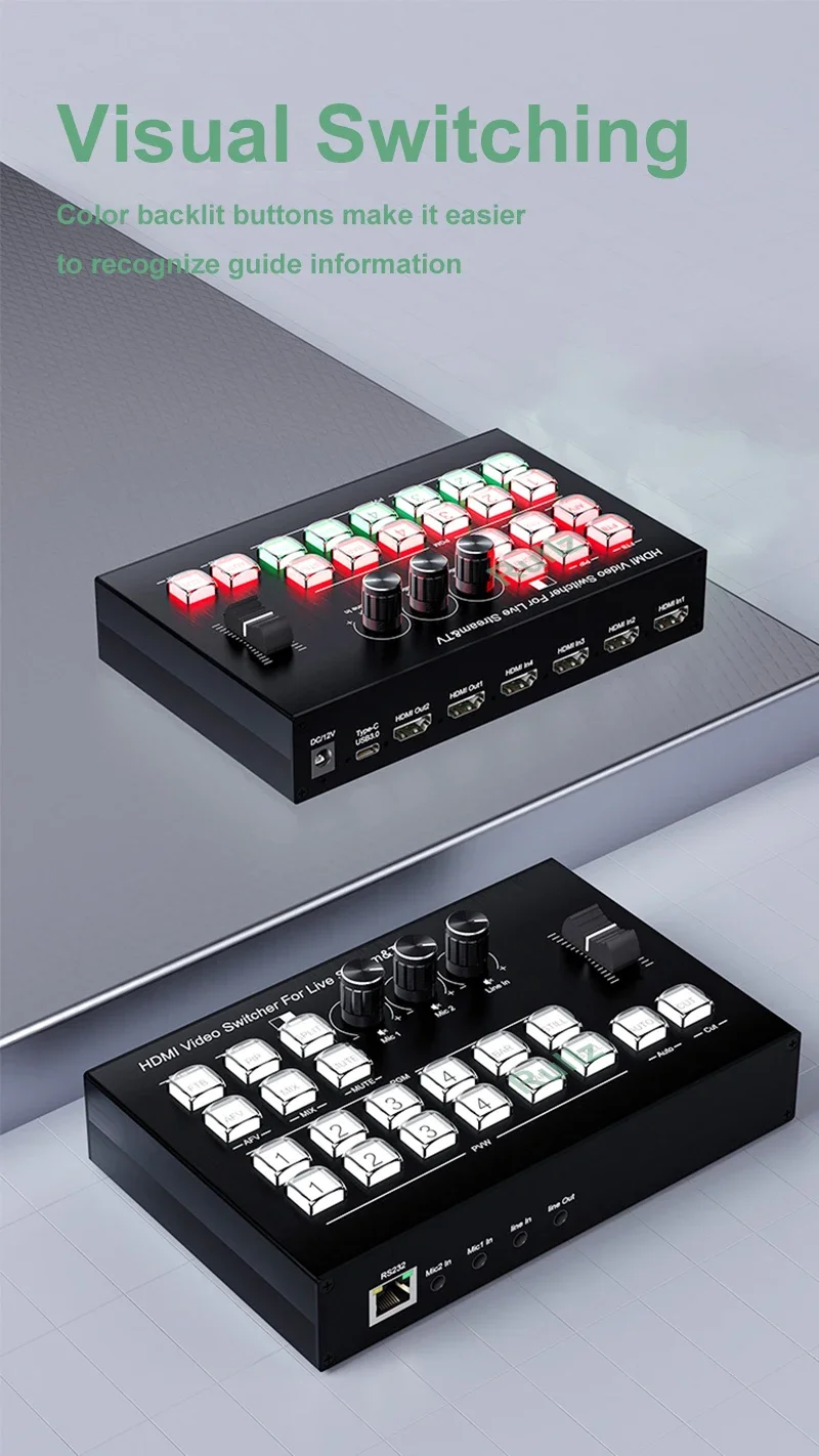 4K 4 Channel HDMI Video Multi Camera Switcher for Live Broadcast Streaming Production Video Mixer Switcher Station Type C Record