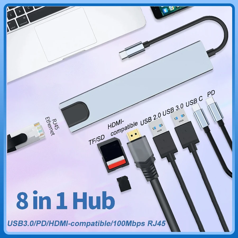 

USB-концентратор 8 в 1, адаптер типа C 3.0 к 4K HDMI с устройством чтения карт RJ45 SD/TF PD Быстрая зарядка для ноутбука MacBook, ноутбука, компьютера