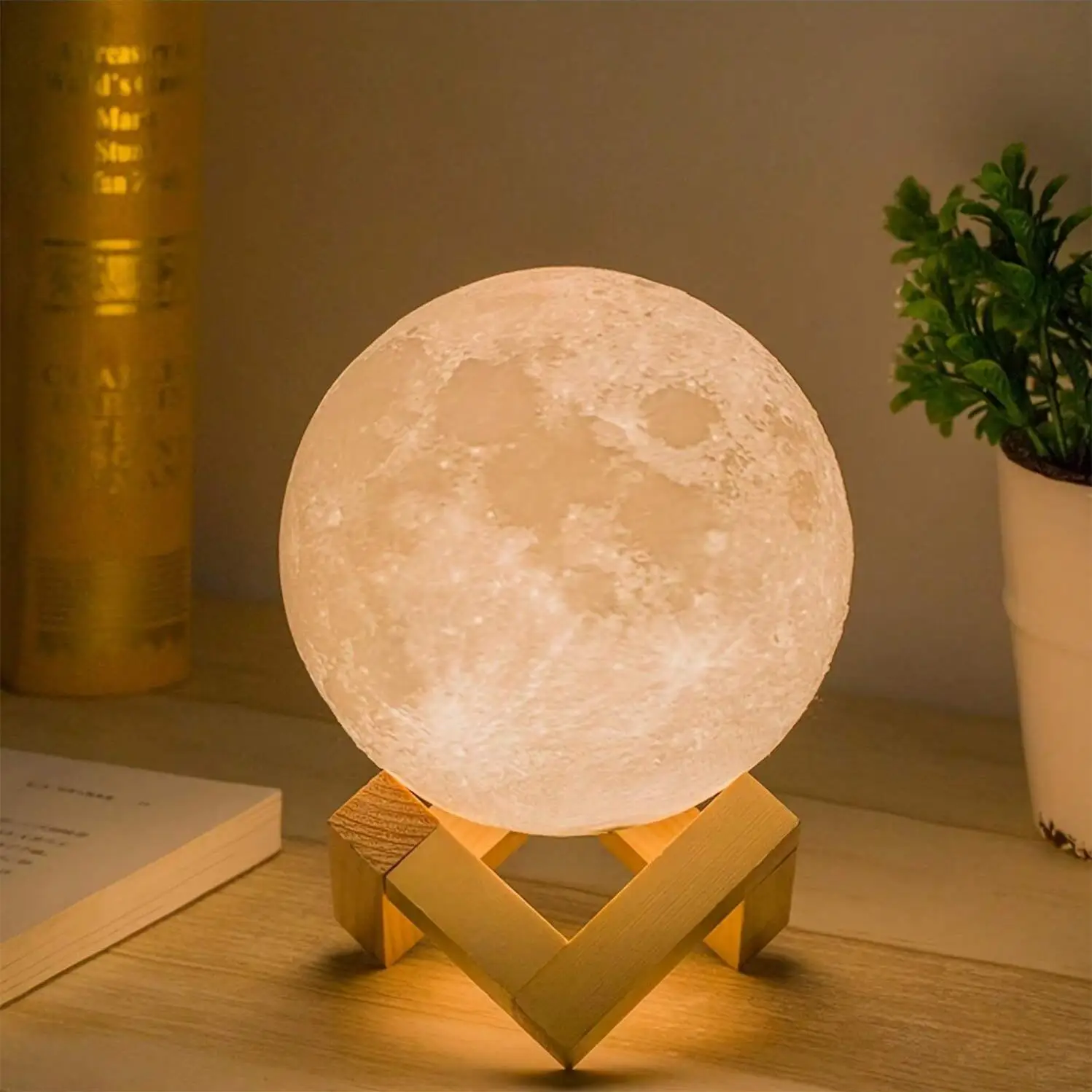 1pc 3D Moon Lamp Humidifier With Wooden Base 3 LED Night Lighting With Touch Control Brightness For Home Office Decor