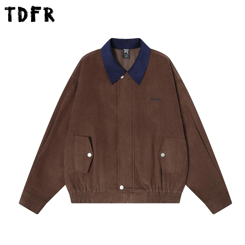 

Retro Corduroy Cargo Jacket Mens Embroidery Autumn Streetwear Spliced Lapel Long Sleeve Outerwear Men