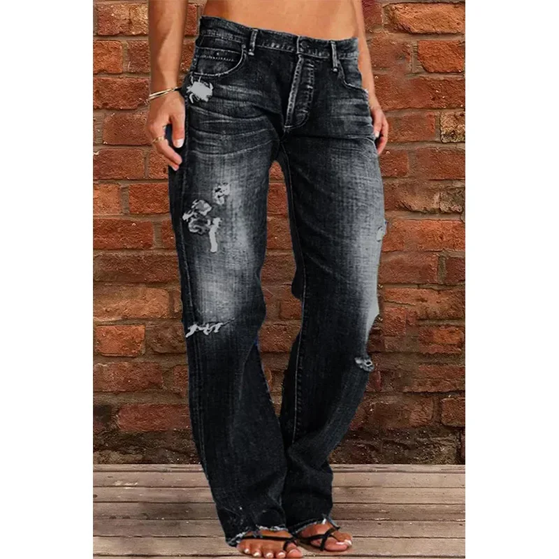 Jeans hose Capris 2023 Frauen zerrissen Vintage mittlere Taille gerade weites Bein Hosen Jeans lange Hosen Arbeit Sommer blaue Jeans Capri hose