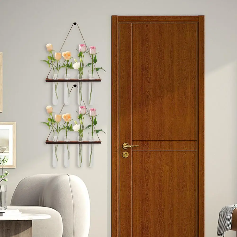 14cm Tube Wall Propagation Station Hanging Wooden Stand With 4 Test Tubes Flower Vase Planter For Home Office Hydroponic Cutting
