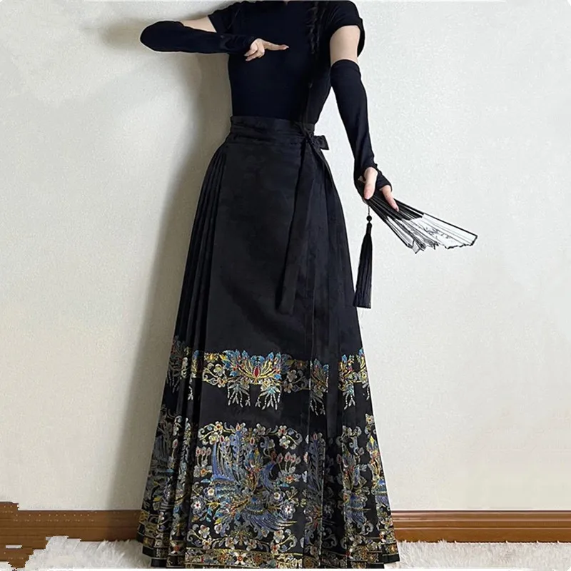 Saia plissada tradicional estilo chinês para mulheres, hanfu étnico preto, moda fina, saia longa com renda que combina com tudo, 2493