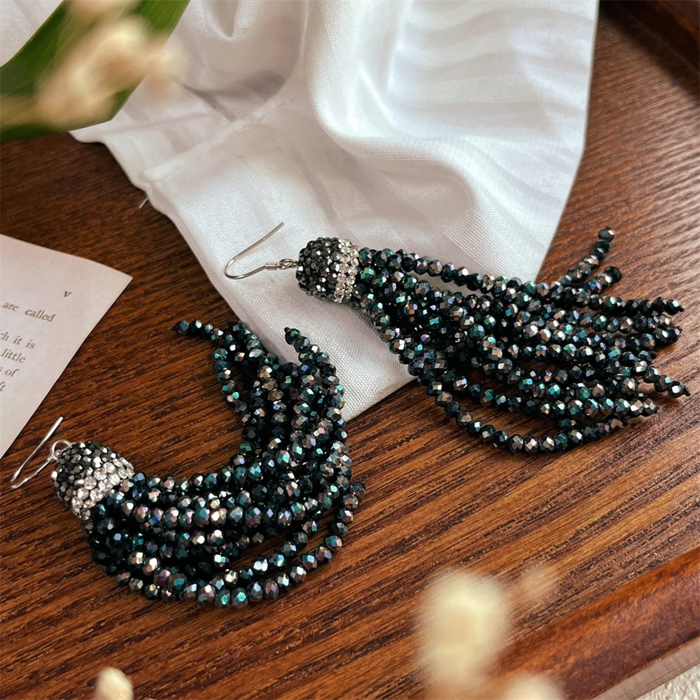 Hot Handmade Beaded 925 Silver Hook Crystal Beads Tassel Earrings Rice Crystal Grey Color Rhinestone Dangle Earring for Women