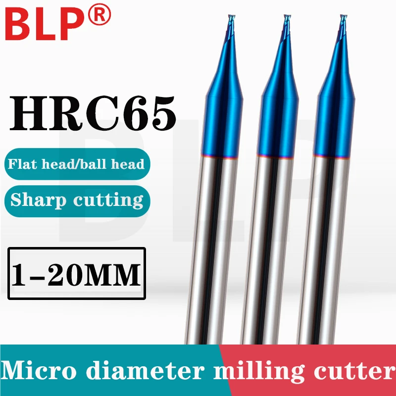 HRC65 2F Tungsten Steel Carbide Micro Diameter Nano Coating Flat Bottom/Ball Endmill Cutter CNC Mechanical Milling Tools