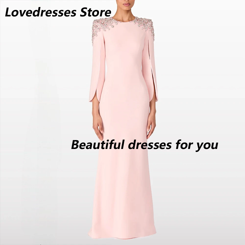 Vestido de noite luxuoso, cristal, gola redonda, mangas compridas, sereia, vestidos de noite para mulheres, trompete rosa, vestidos de festa formais personalizados