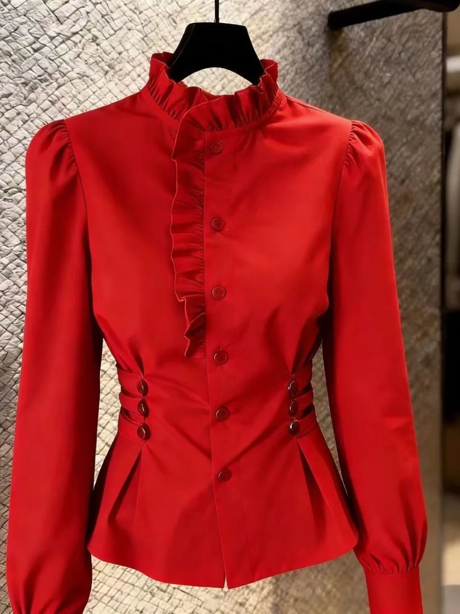 

Elegant Blue Shirt Women's Slim Fit Waist Cinched Stylish Commute Top High Quality Fashionable Spring 2026 Polyester Long Sleeve