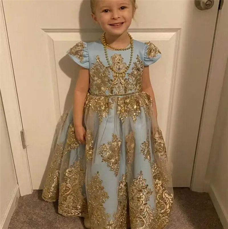 Vestidos de princesa para niña, vestidos para boda, cortos, sin mangas, encaje dorado, satén con lazo grande, vestido de fiesta de cumpleaños para niños