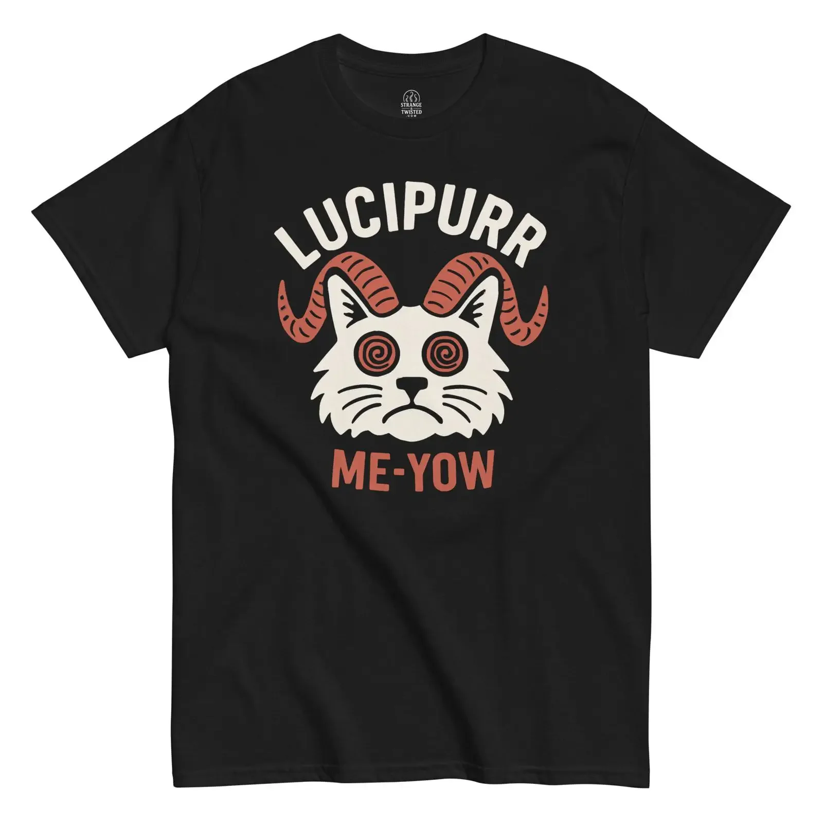 Черная футболка Lucipurr Me Yow с забавным оккультным кошачьим принтом, готический дизайн от Strangeandtwisted.com, винтажная, слегка состаренная