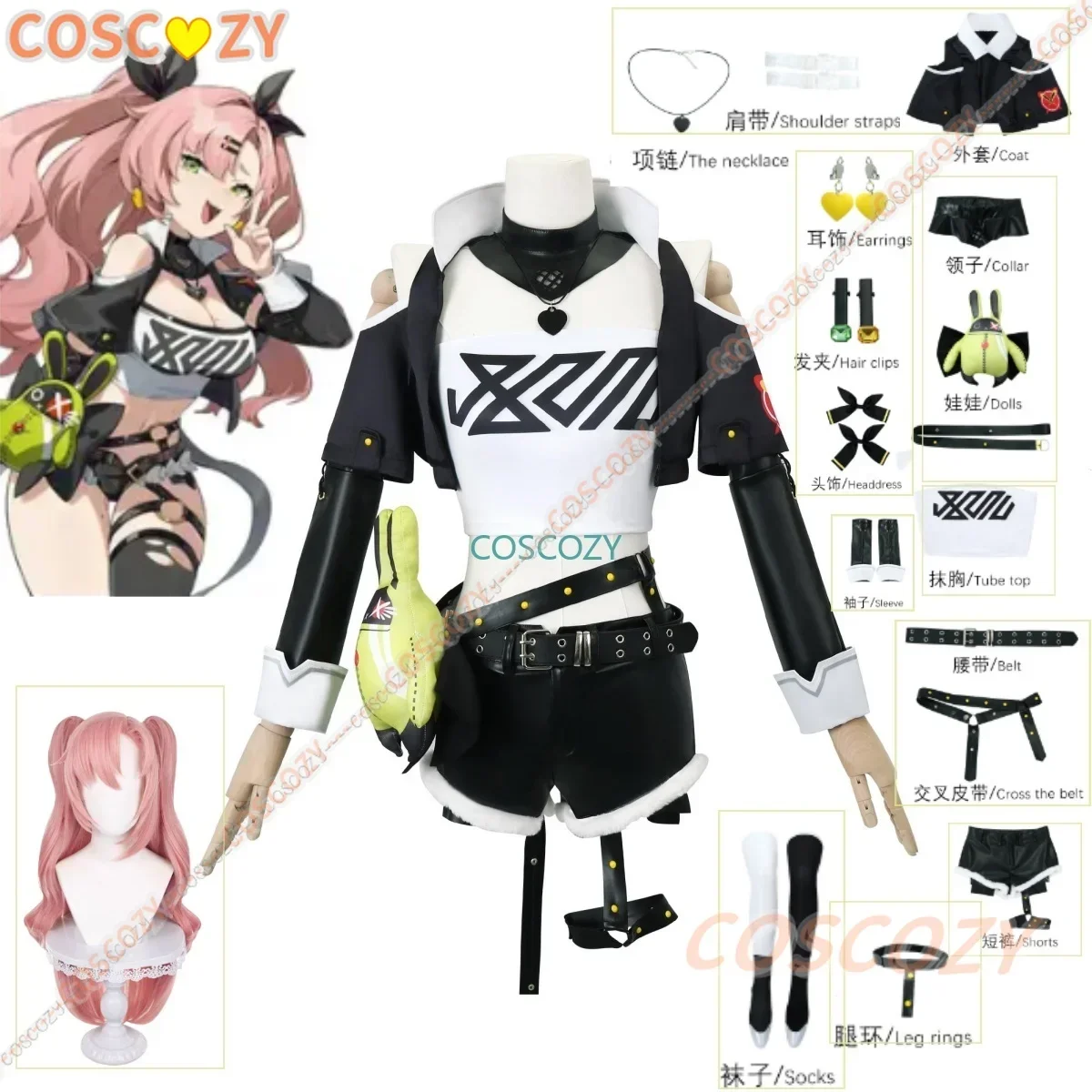 cosplayzenless-zone-zero-nicole-demara-cosplay-costume-chaussettes-epingles-a-cheveux-boucles-d'oreilles-collier-rose-perruque-sexy-uniforme-halloween-cosplay