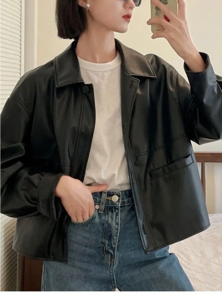 

Black Casual PU Leather Jacket Women Fashion High Street Leather Jacket Female Korean-style Retro Motorcycle Coat 2025 Autumn