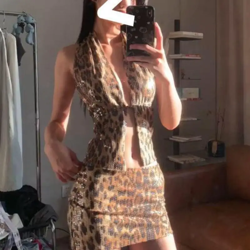 

Комплект из двух предметов: женский жилет и юбка, с леопардовым принтом и пайетками, летняя коллекция 2025, новинка, сексуальный, облегающий, с низкой талией, стильный дизайн