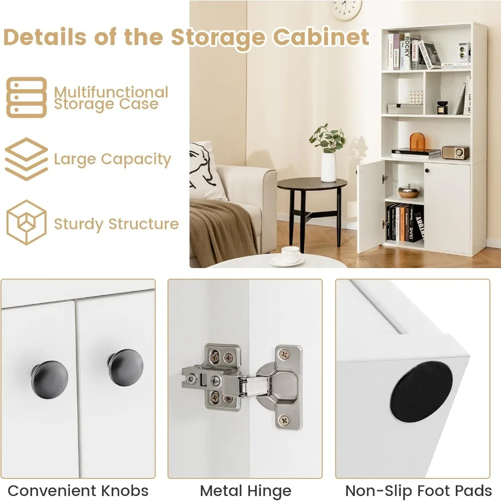 5 Tier Bookcase with 2-Door Cabinet, Tall Freestanding Bookshelf with 4 Open Shelves & 1 Cabinet, Adjustable Shelf, Customized