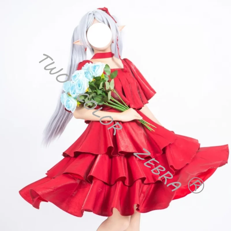 Cosplay Anime Sousou No Frieren Costume Red Evening Dress Layered Ruffle Skirt Headress Outfit for Comic Con and Halloween Party - view 3