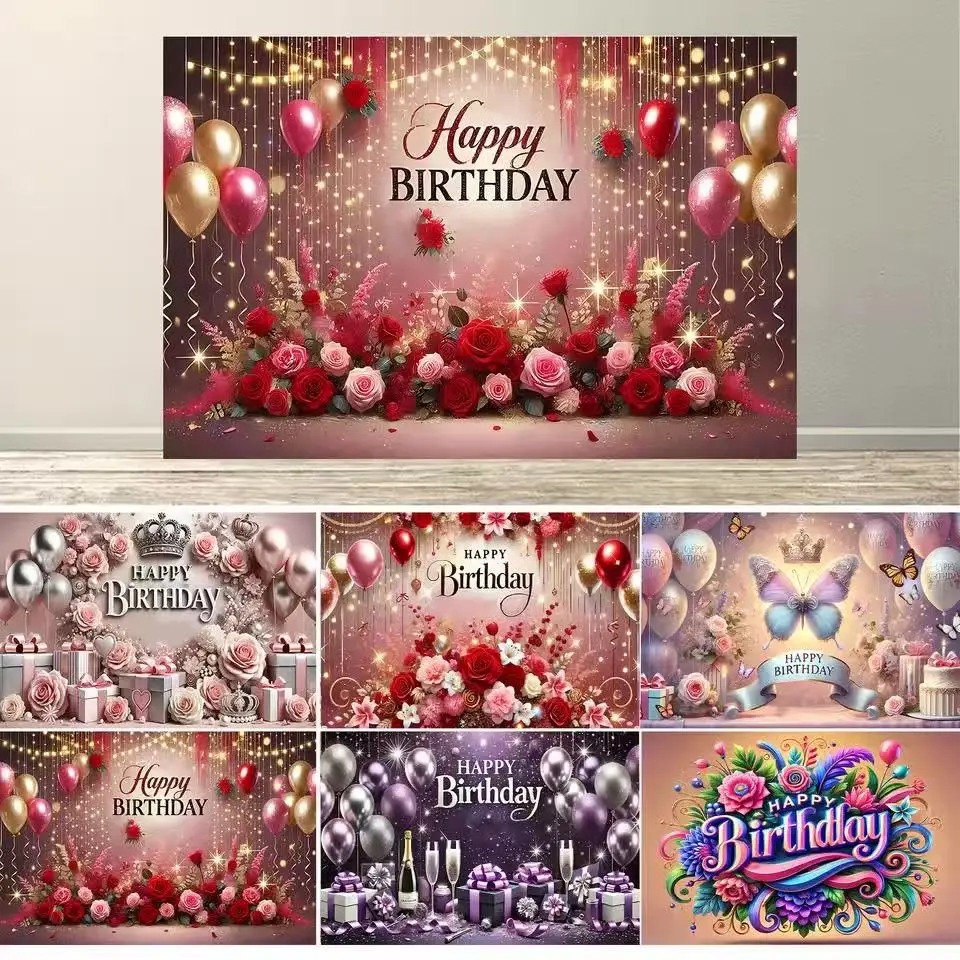 

Happy Birthday Backdrop for Women Party Decorations Banner Photoshoot Photography Background Curtains Stand Screen
