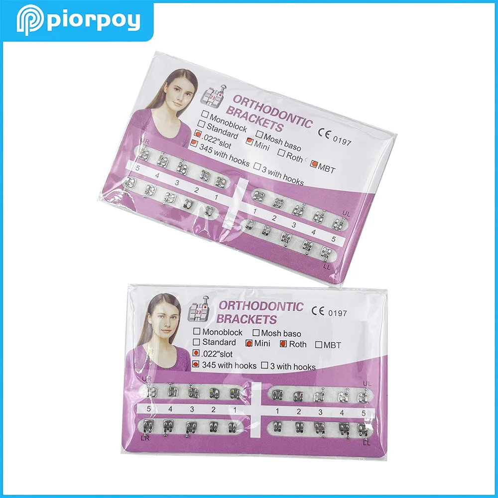 PIORPOY 1 Paquete de Brackets Dentales Ortodónticos Mini Roth/MBT 0.022 con 345 Ganchos, Brackets Metálicos Monobloque, Materiales de Odontología