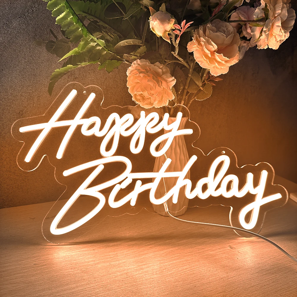 45cm Happy Birthday Neon LED Birthday Party Background Glow Sign 5V USB Power Supply Dimmable Decorative Night Light with Base