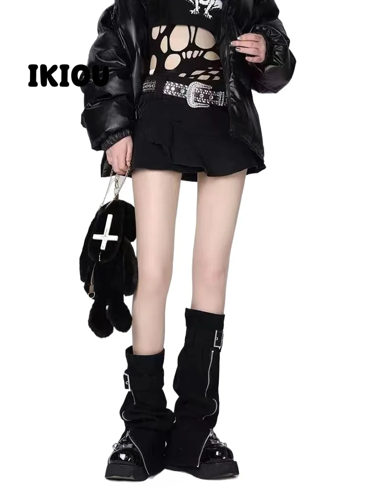 IKIOU 2024 New Y2K Punk Flared Denim Leg Warmers - Black with Adjustable Zipper for Slim Fit  lolita socks