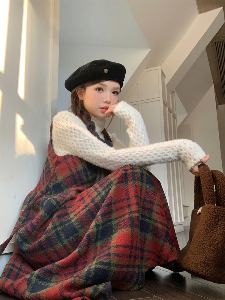 Korobov Winter Plaid A-line Skirt Women Clothing Woolen Vest Dress Sweet Age Reduction Vintage Dresses Korean Fashion Vestidos