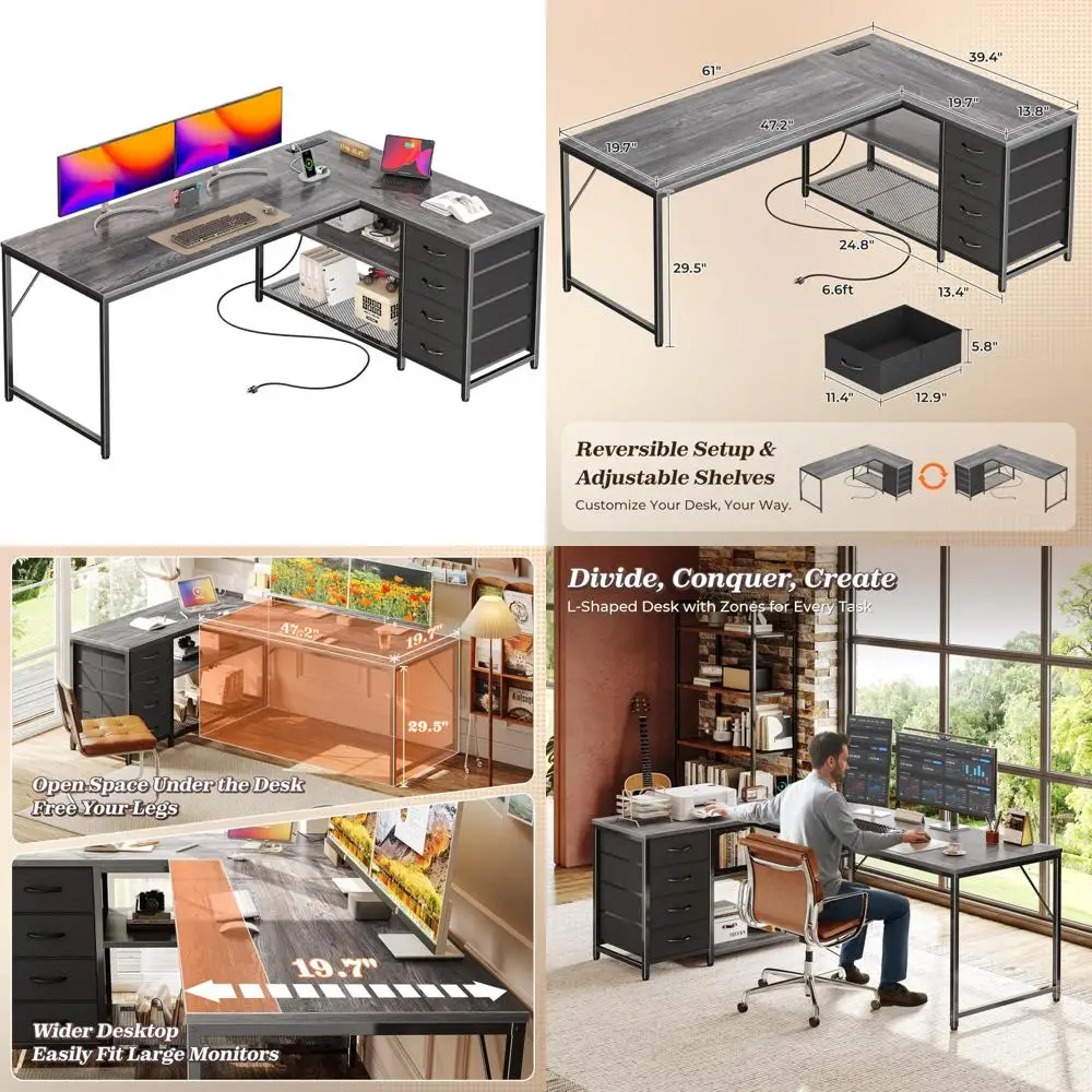 

L-Shaped Office Desk PRAISUN 61: Power Outlets, USB-C Port, Reversible Computer Corner, 4 Fabric Drawers, 2 Hutches