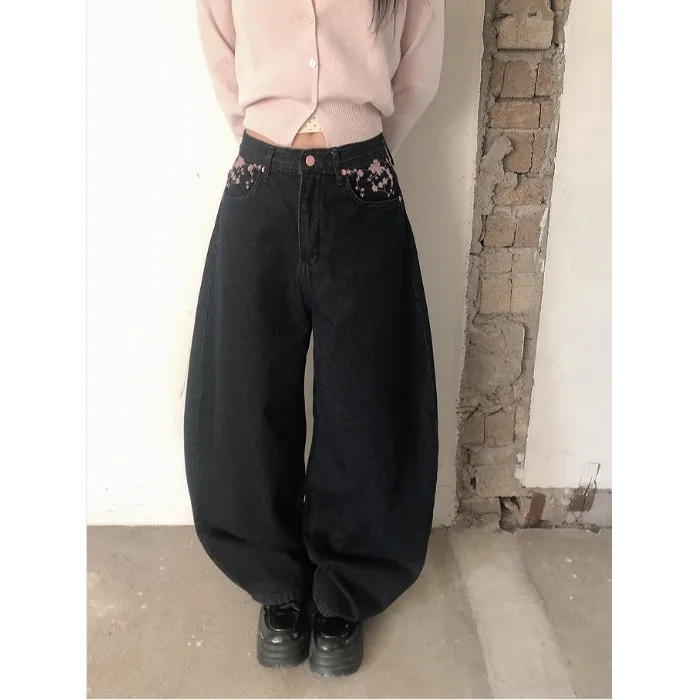 

High Waist Sakura Embroidery Wide Leg Jeans Versatile Early Spring Korean Style Fashionable Casual Cotton Denim Pants