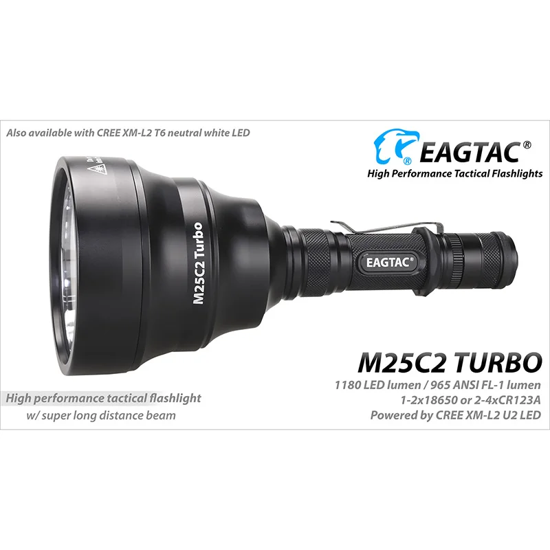 

EAGTAC M25C2 Turbo Head LED Tactical Flashlight 1180 Lumens 700 Yards Long Throw for Hunting SOS Strobe Momentary On Off