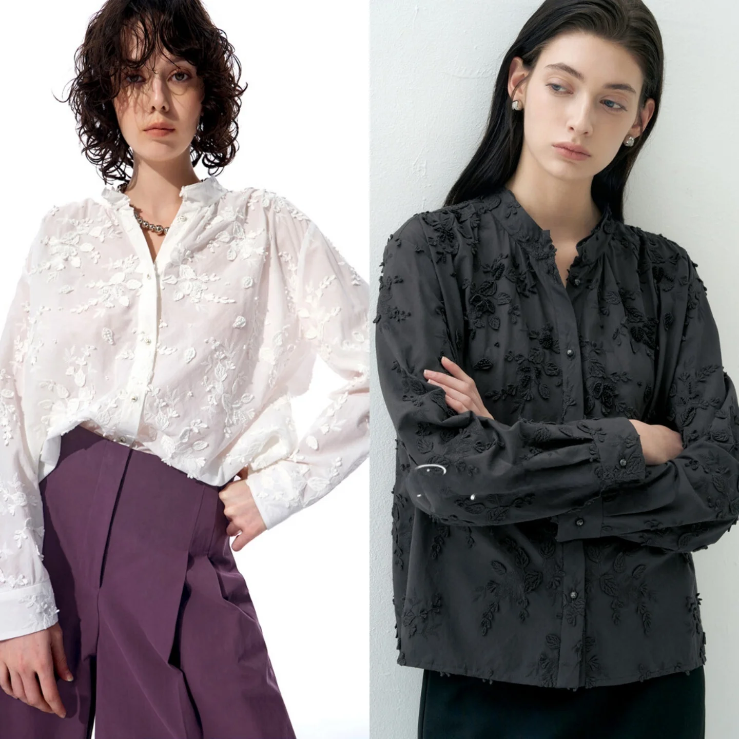 

Elegant Pure Cotton Embroidered Top Heavy Work 3D Flower Commute Versatile Small Shirt Collar Long Sleeve Women's Blouse