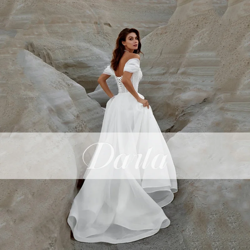 Darla Luxury White Tulle A-Line Wedding Dresses Sexy Backless Lace Up Off Shoulder Pleated Pearls Bride Gowns Vestido Customized