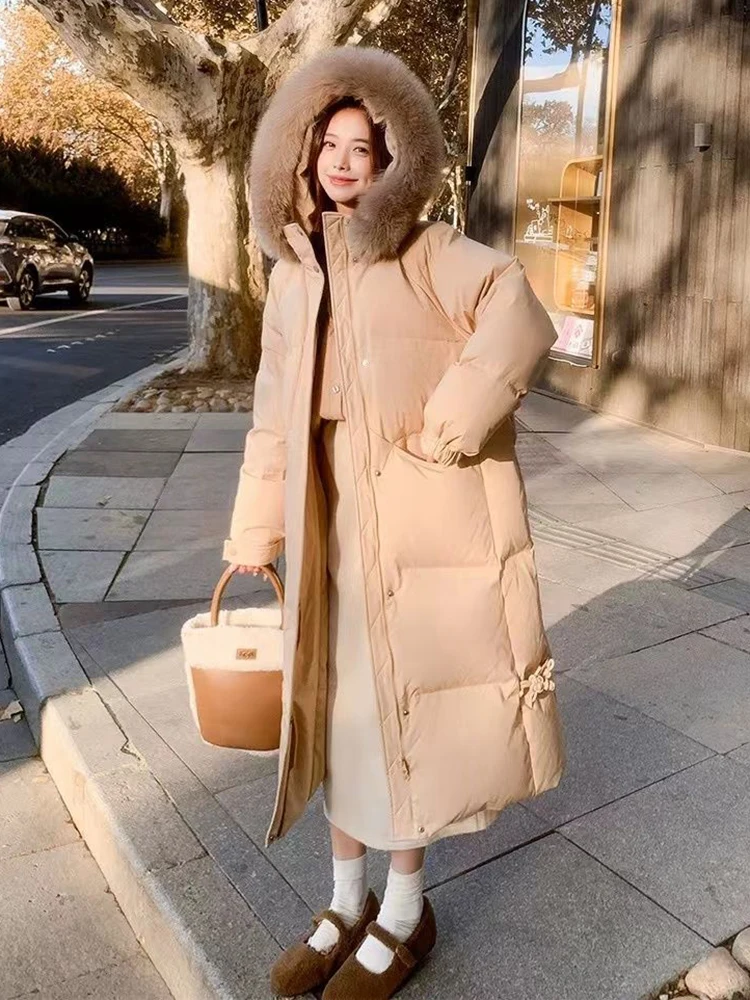 Winter Women Cotton-padded Clothes New Long Over-the-knee Big Fur Collar Hooded Down Jacket Female Long Cold-proof Warm Coat