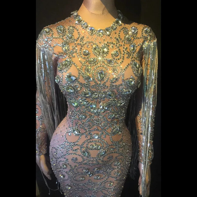 

Сексуальное облегающее платье с длинными кисточками и кристаллами, женское, с длинными рукавами, для выпускного вечера, свадьбы, в пол, со стразами, для певиц, для сцены, для вечеринок