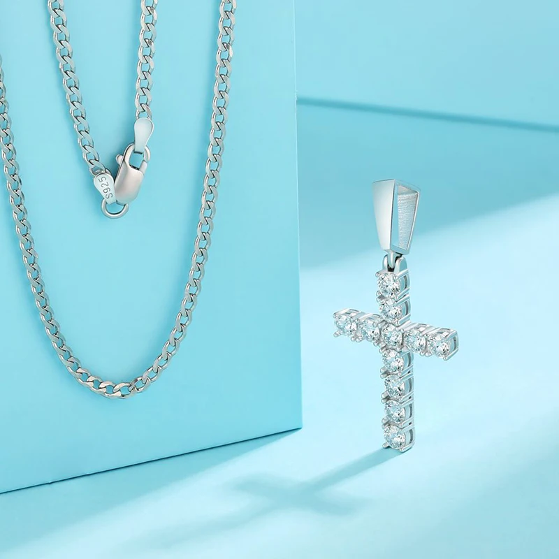 Hiphop 1.1ct D Color VVS1 Moissanite Cross Necklace 925 Sterling Silver Lab Diamond Cuban Link Pendant Necklace Women Men Gift image 4