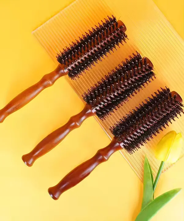 Cepillo de pelo redondo de nailon con mango de madera para peluquería, peine profesional antiestático para peluquero, herramienta de estilismo para hombres y mujeres
