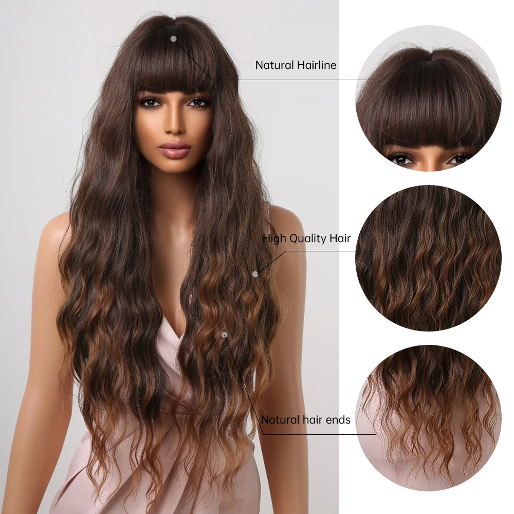 Pelucas rizadas largas sintéticas con flequillo, pelo de cobre marrón Chocolate ombré de onda profunda para mujeres negras Afro femeninas resistentes al calor