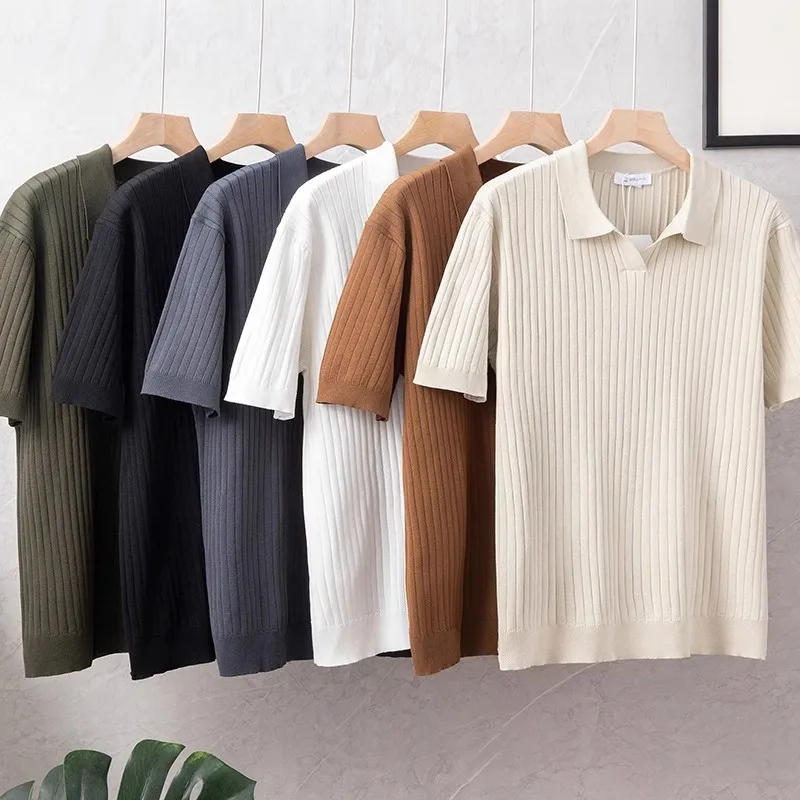 Striped short-sleeved knitted polo shirt men's summer lapel polo shirt slim-fitting casual thin trendy