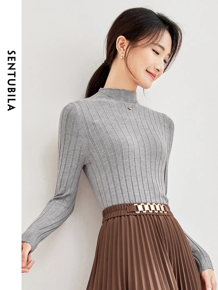 SENTUBILA Women Mock Neck Knit Sweater 2024 Spring Fashion Pullover Slim Long Sleeve Tops Female Basic Jumper Knitwear W21H40743