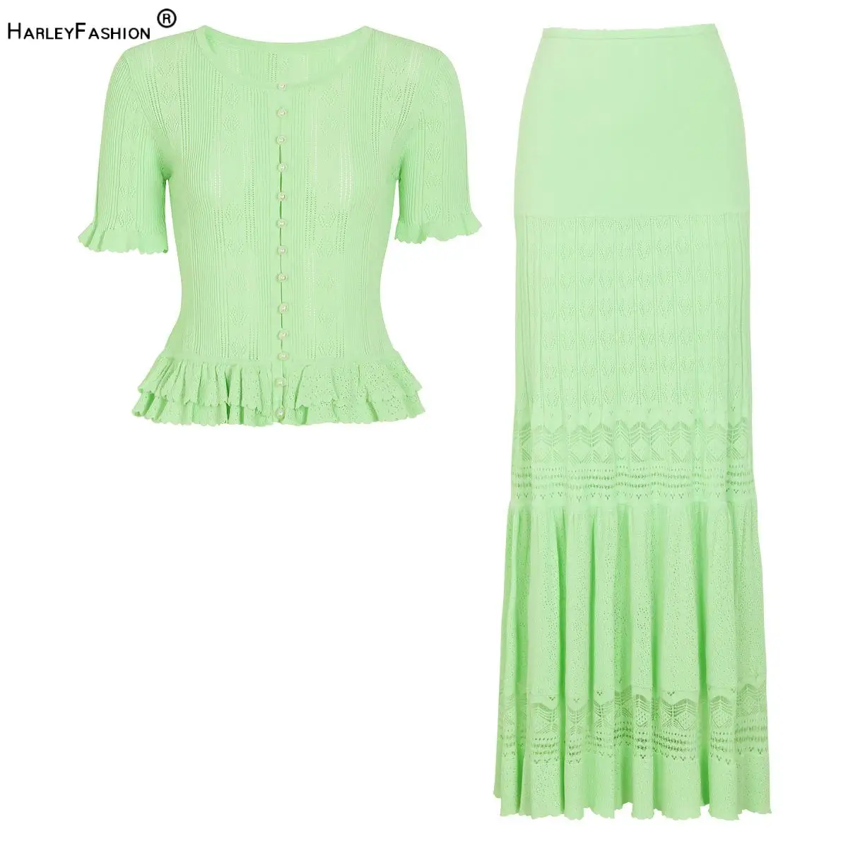 

Lady Summer Quality Solid Suit O-neck Short Sleeve Single-breasted Ruffles Hem Cardigan Hollow Out Long Skirt Women Knit 2pcs