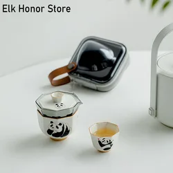 Panda Octagonal Glass Portable Travel Tea Set Outdoor Portable 1 Pot 4 Cups Ceramic Teaset With Outdoor Bag Anti-scalding Teapot