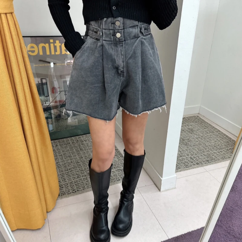 

French Sle High Waist Pleated Hem ort Jeans Women's Summer Vintage Chic Two Button Wide Leg orts Deep Color