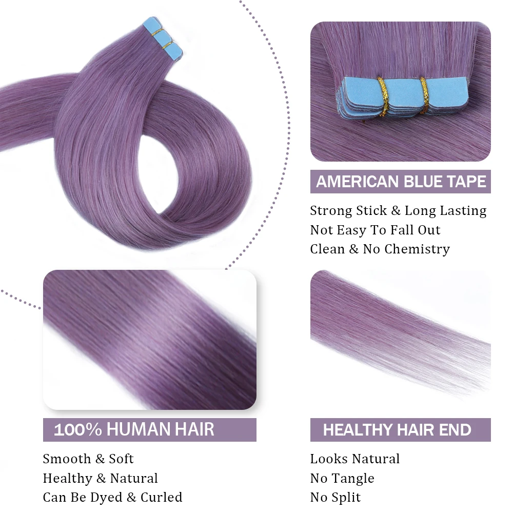 ضوء الأرجواني شريط صغير في وصلات الشعر لحمة الجلد ضعف الجانب غير مرئية سلس الشريط في الشعر 12-20 بوصة 10 قطعة/الحزمة #2