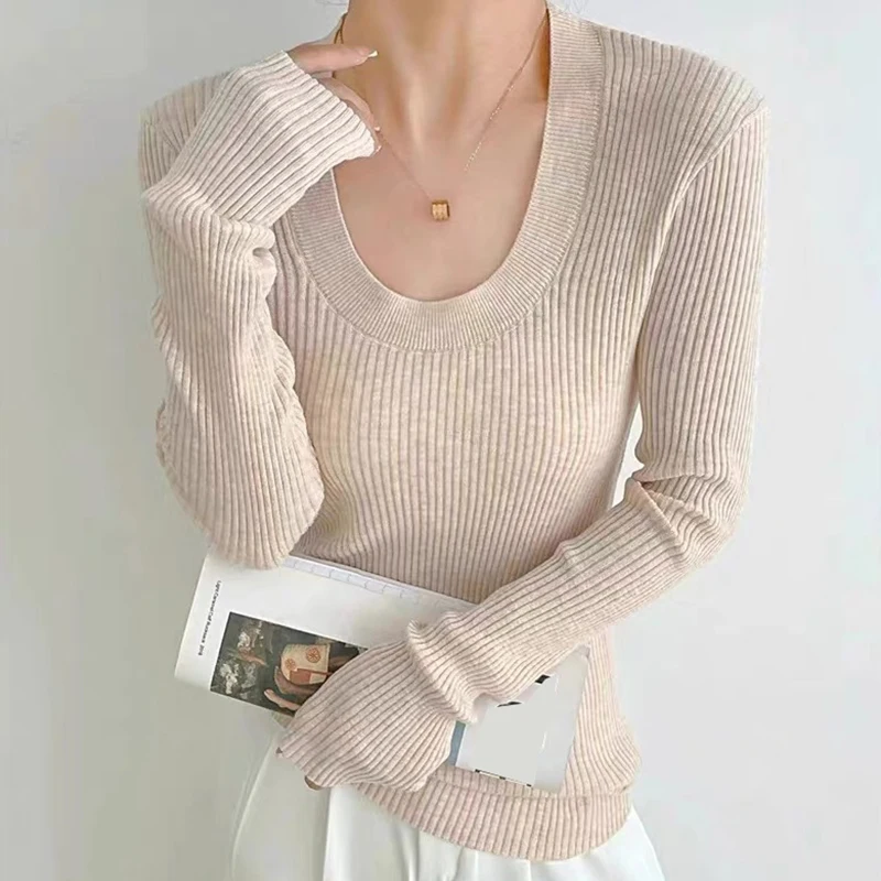 

Casual Fashion Autumn and Winter Solid Long Sleeve Knitted Top O-Neck Women Slim Basic Knitwear Elegant Pullover Knitted Sweater