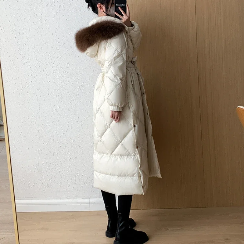 Winter New Luxury Large Fox Fur Collar 90% White Duck Down Jacket Women Long Rhombic Elegant Coat Thick Warm Parkas Snow Outwear